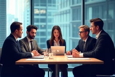 Business professionals discussing media strategy.