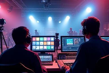 Television studio production crew working.